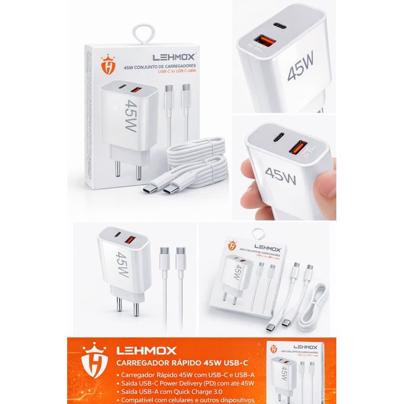 Carregador Rápido LEHMOX 45W – Conjunto de Carregadores USB-C (USB-C para USB-C)