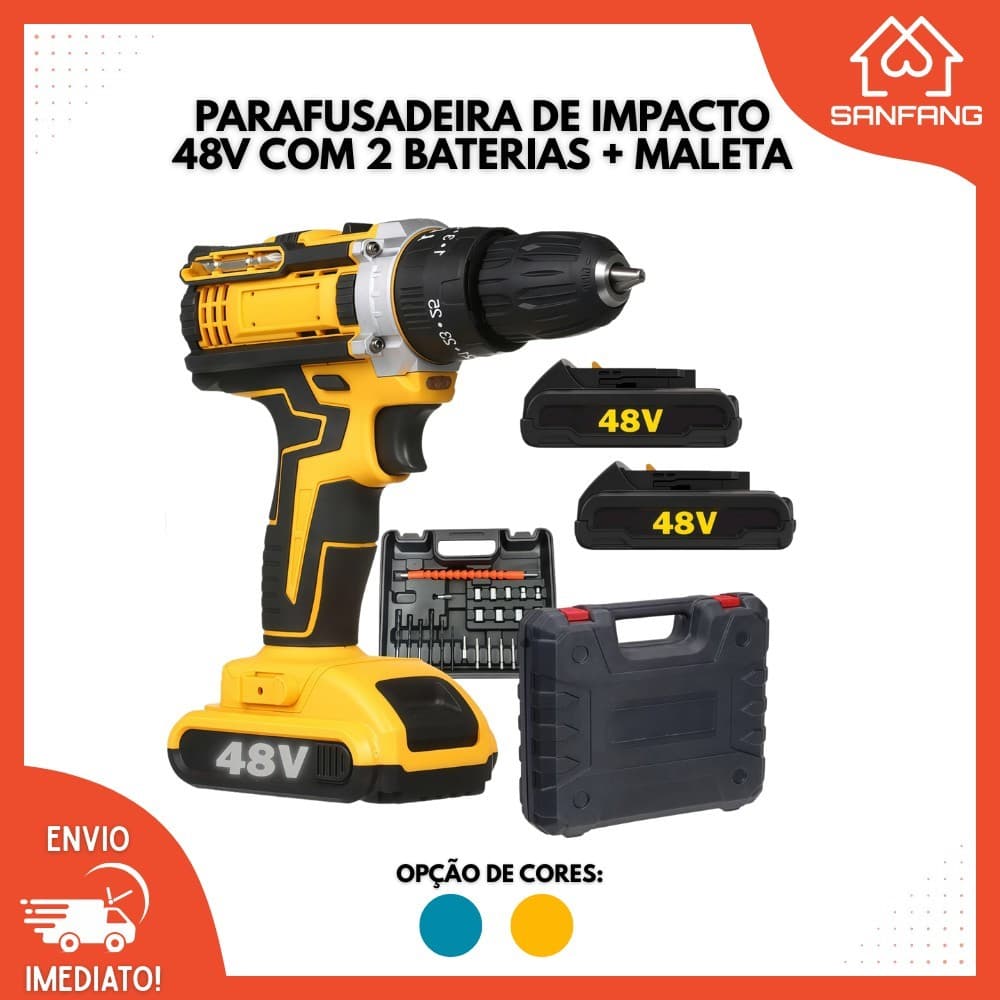 Parafusadeira Furadeira 48v Profissional 2 Baterias Sem Fio Amarelo
