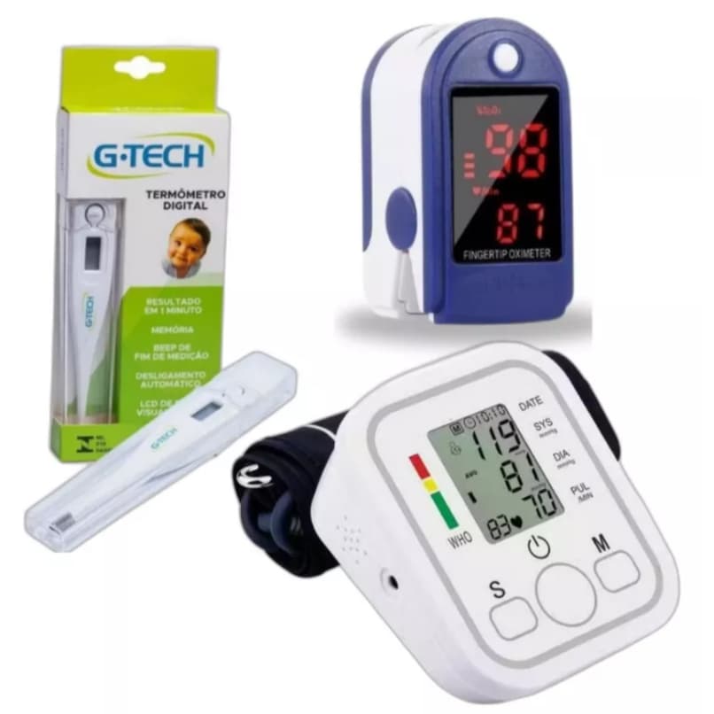 Kit termômetro clinico digital  g tech + oxímetro de pulso dedo + monitor de pressão de braço top