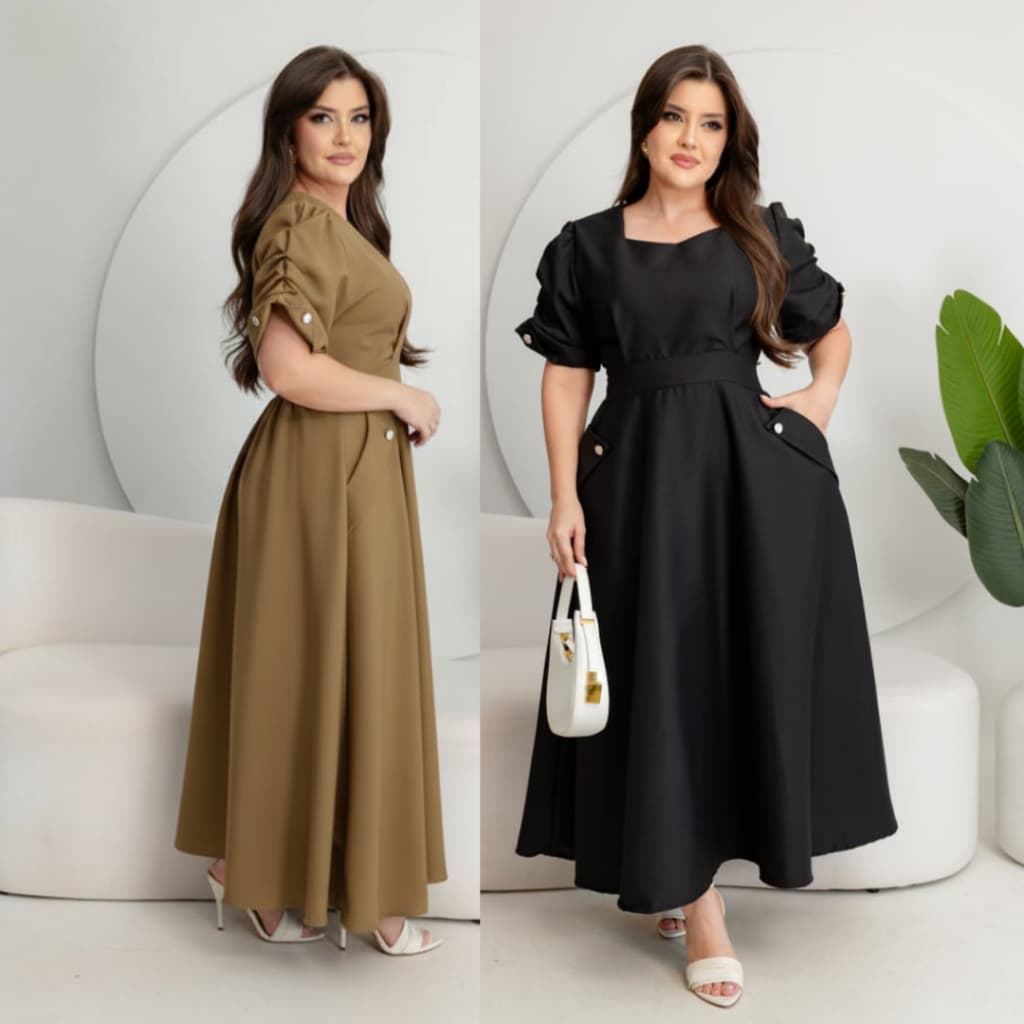 Vestido Longo Plus Size Feminino Manga Princesa Decote Quadrado Bolsos Laterais Elegante Social Festa