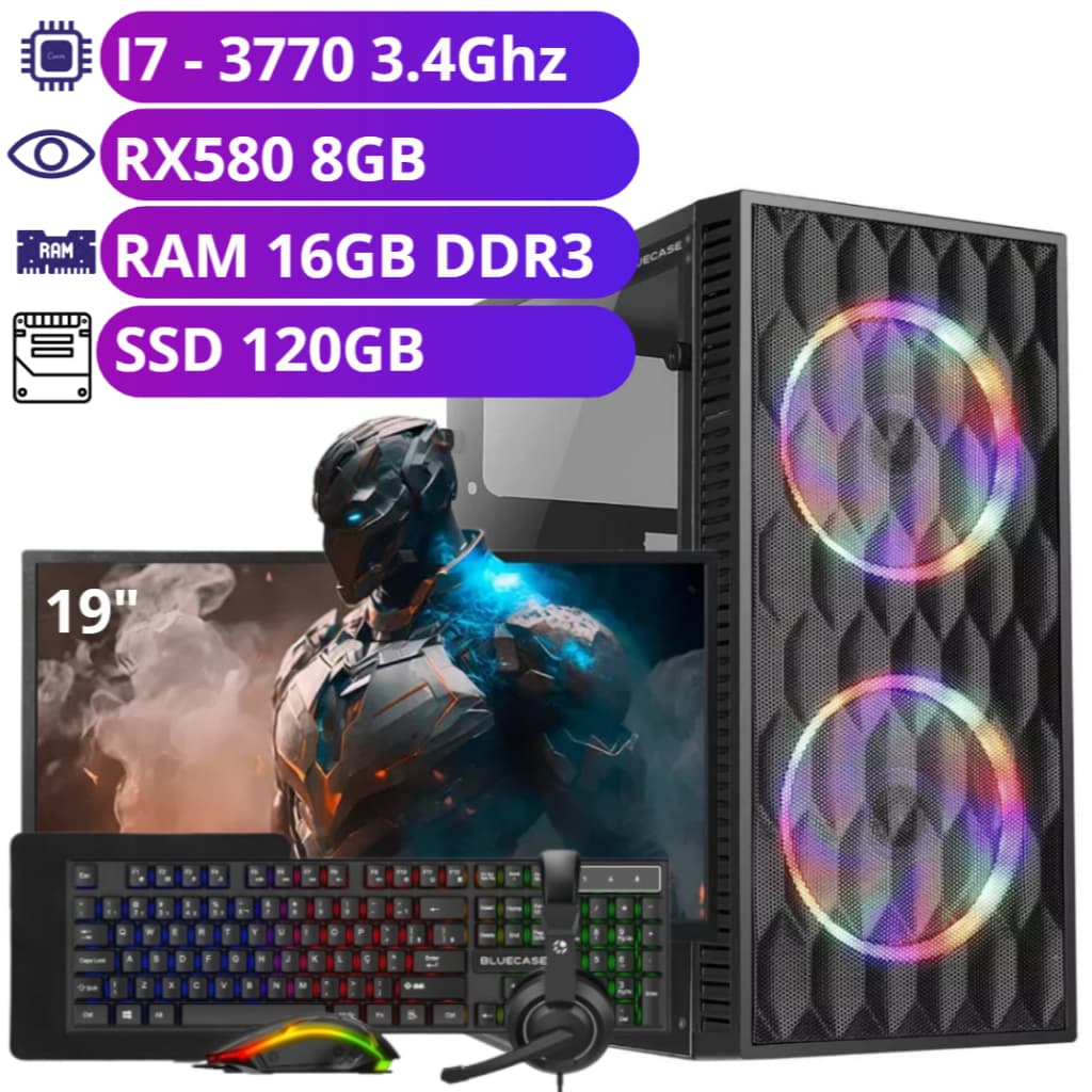 Computador Completo i7 3.4Ghz - SSD 120GB - Placa de Vídeo RX580 8GB - 16GB RAM - Monitor 19"