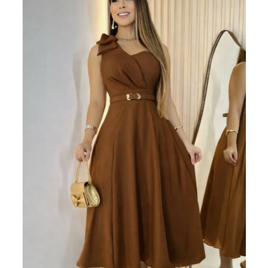 Vestido Femenino Midi Laco no Ombro Cinto Tecido Duna Linho