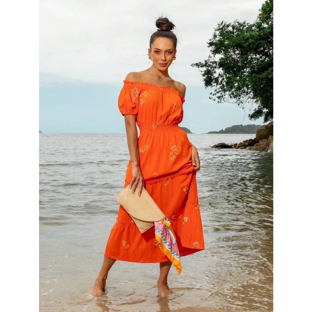 Vestido Midi bordado exclusivo algodão ciganinha chic