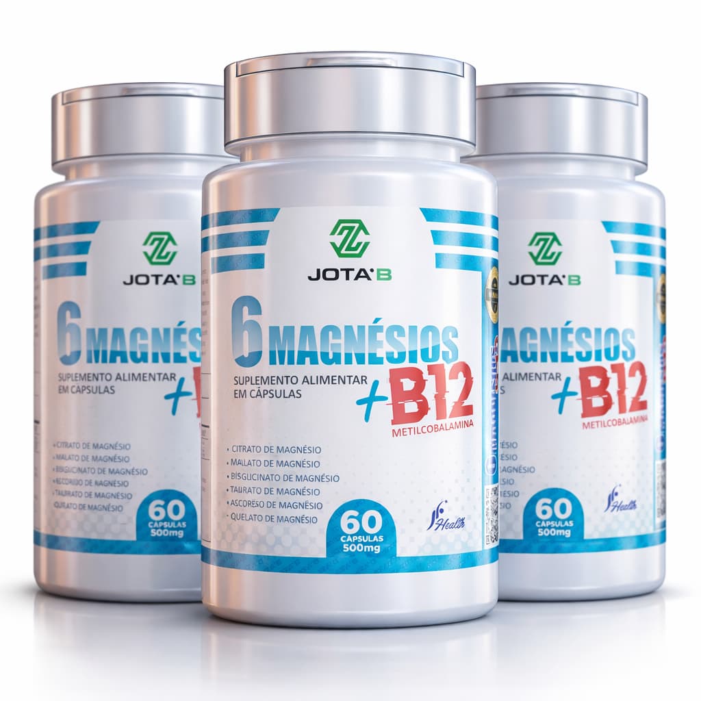 Magnésio 6 Tipos + Vitamina B12 Metilcobalamina 60 Cápsulas | Suplemento Alimentar Adulto | Envio Imediato