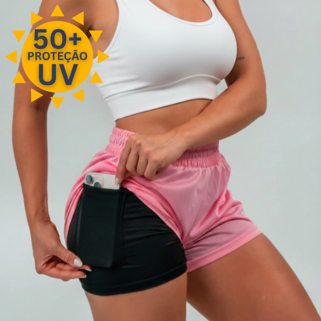Roupa de Academia Feminina Short Feminino Bermuda Fitness Dry Fit 2 em 1 com Compressão Proteção UV
