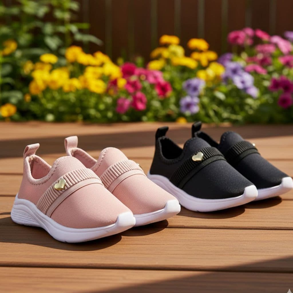 Tênis Feminino Infantil Meninas Calce Fácil Elástico e Pingente Coração Lindo Confortável Escolar