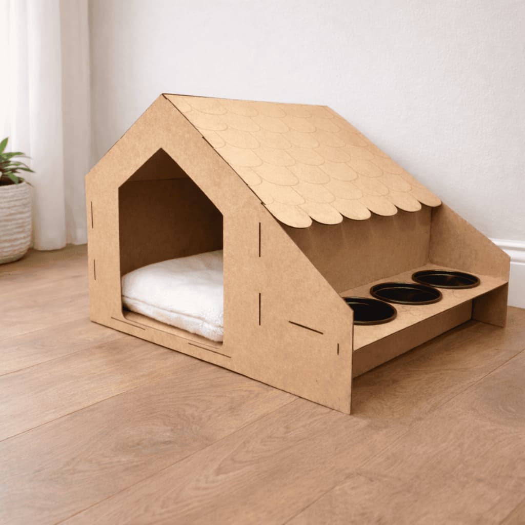 Casinha Gato Comedouro Pet 3 Potes Mdf 3mm 58x40cm Madeira MDF - Pets Gato Casinha Playground