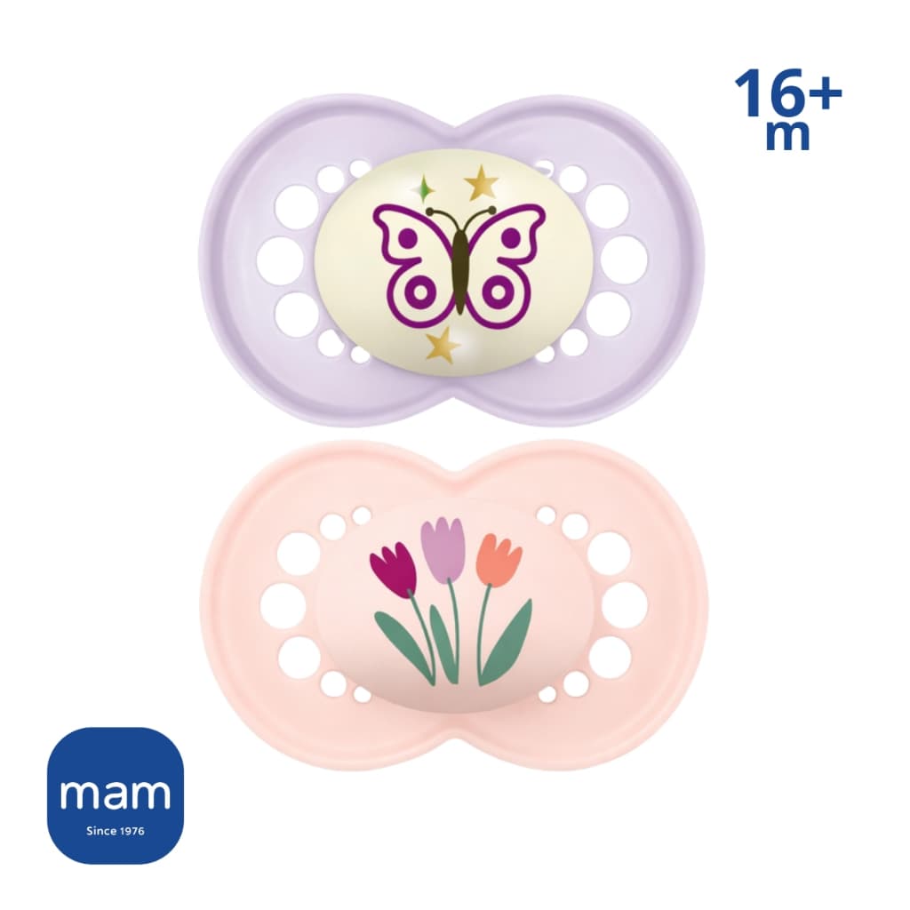 2 Chupeta MAM 16+ Meses MAM Original DAY&NIGHT 1 brilha no Escuro Menina Bebê Bico Silicone Rosa