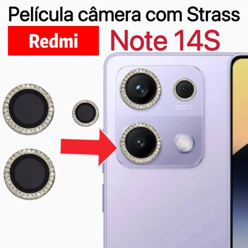 KIT 3 peças Película de câmera Diamante Para Xiaomi Redmi Note 14S protege lentes com Strass Brilhante Brilho