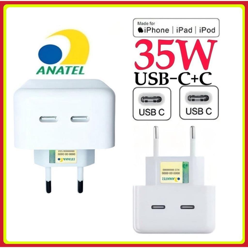 Carregador Fonte PD Duplo 35W iPhone USB C + C com Cabo Lightning Carregamento Rápido