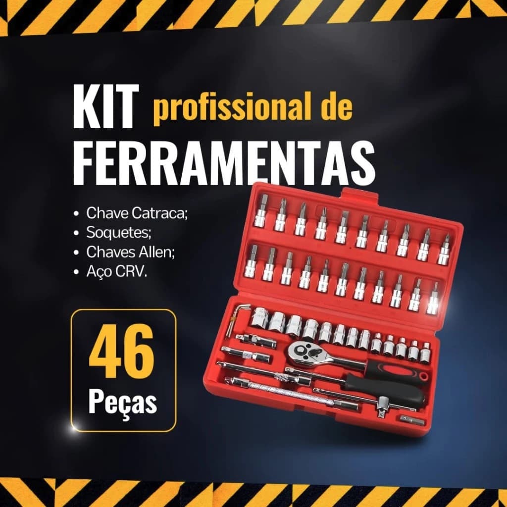 Jogo de Ferramentas 46 Pecas com Soquetes e Chave Catraca Reversivel 1/4 com Maleta Organizadora