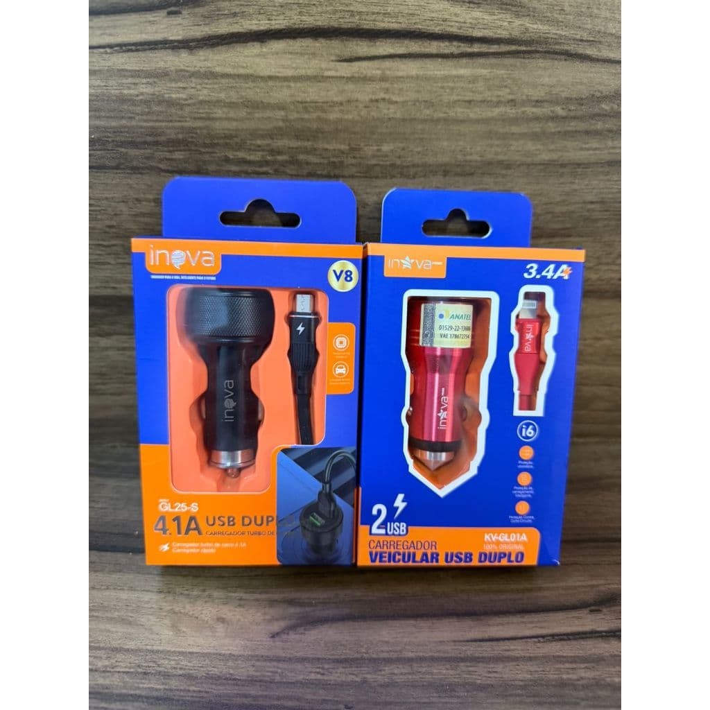 kit Carregador veicular com cabo Fonte e cabo para carregamento de celular veicular - IOS e Android.