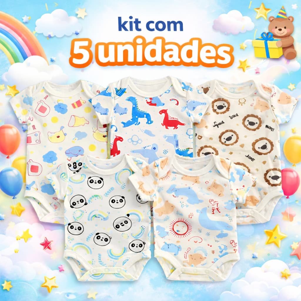 kit 5 Peças Bebê - 5 Body (Manga Curta ou regata) Menino Enxoval e Maternidade Verão Kit Sortidos 100% Algodão