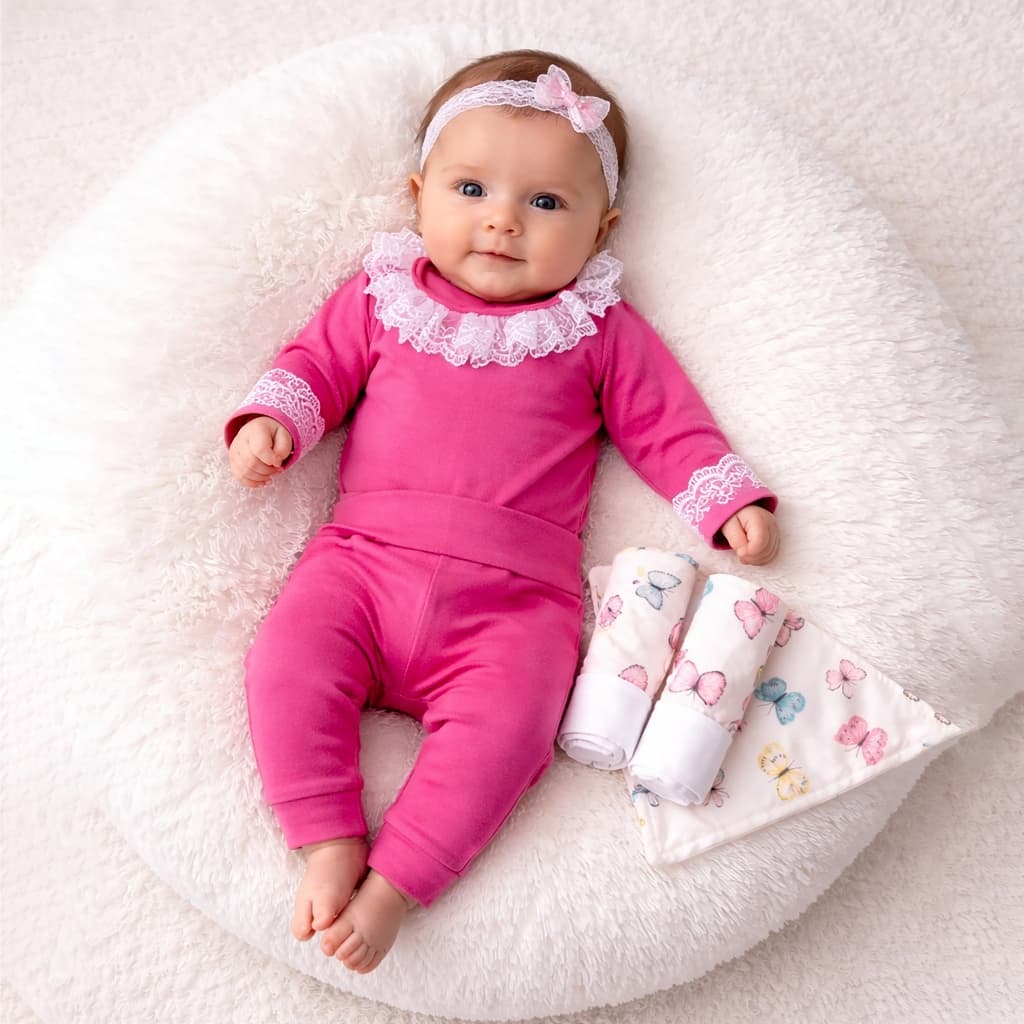 Kit Calça e Body Manga Longa Pink e Trio de Fraldas Para Bebê Menina Cós Alto - Suedine 100% Algodão