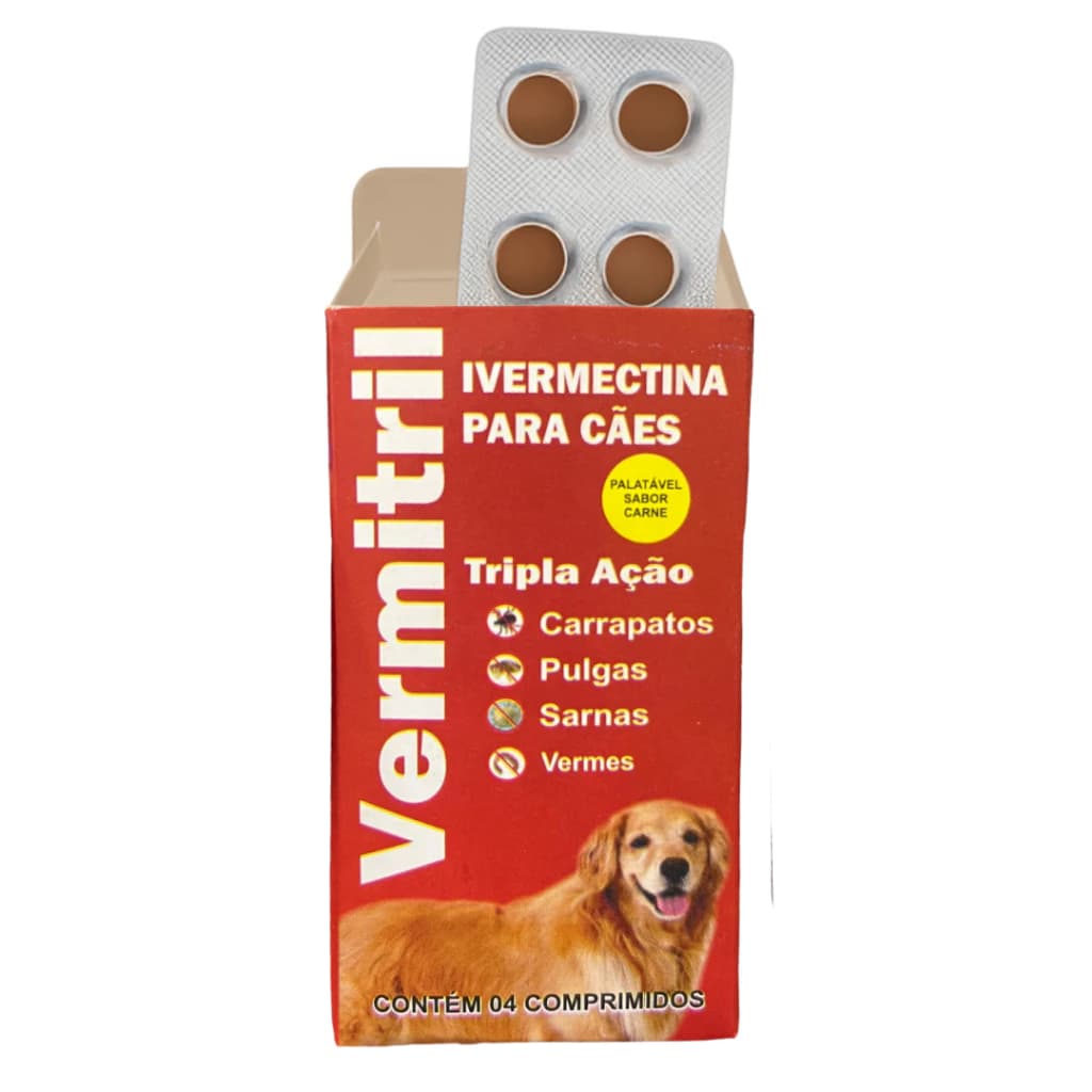 Vermitril - Anti Pulgas, carrapatos, sarnas e vermes - 4 Comprimidos mastigáveis ​​para 15kg cada