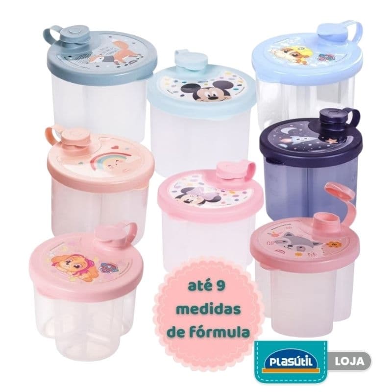 Porta Leite em Pó com Trava Segura 3 Divisórias Para Fórmula Infantil Plasútil 300ml Dosador