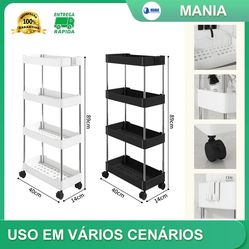 Organizador Móvel de 4 Níveis com Rodízios | Multiuso, Resistente, para Cozinha, Escritório e Banheiro