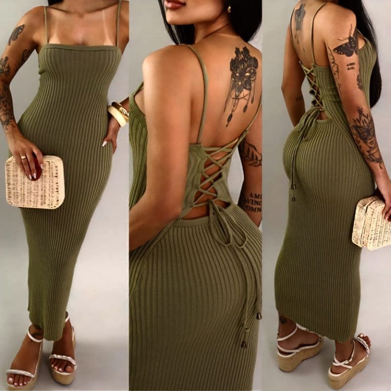 Vestido Tricot Modal Midi Trançado nas costas Tricô alta qualidade Verão 2026 Carnaval Praia Festa