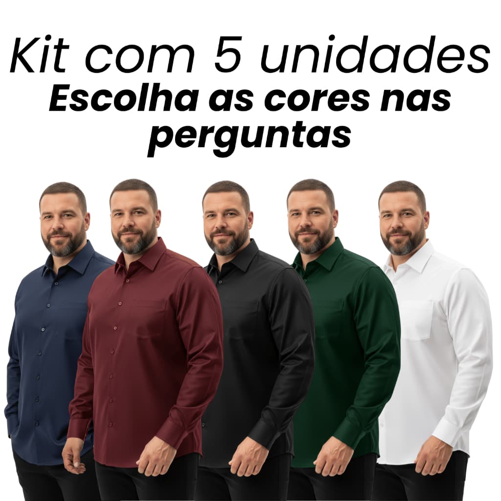 Kit 5 Camisa Social Masculina Manga Longa Lisa Slim e Extra Grande Plus Size