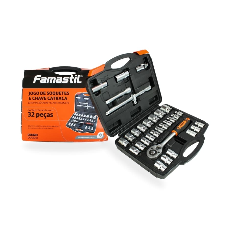 Jogo De Soquetes Famastil 32 Peças com Catraca 1/2" para Manutenção Automotiva e Reparos Mecânicos