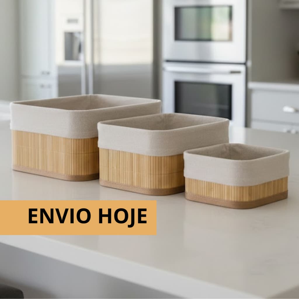 Kit 3 Cestos Organizador De Bambu Com Forro Multiuso Banheiro Lavanderia Lavabo Cozinha Maquiagem