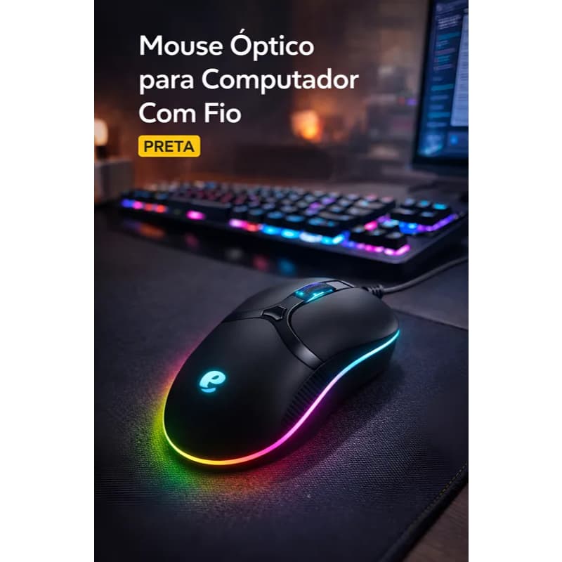 Mouse Óptico para Computador Com Fio - Preta conexão com fio USB, navegação sem atrasos ou desconexões