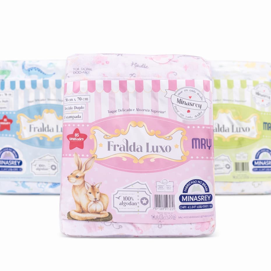 Kit 5 Fraldas de Pano Estampada Luxo 100% Algodão Duplo 70x70cm Bebê Recém-Nascido Enxoval