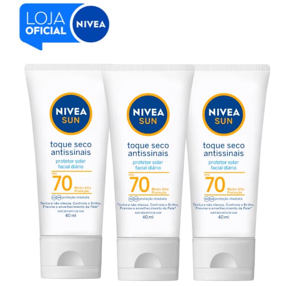KIT NIVEA SUN Protetor Solar Facial Toque Seco Antissinais FPS 70 40ml - 3 unidades