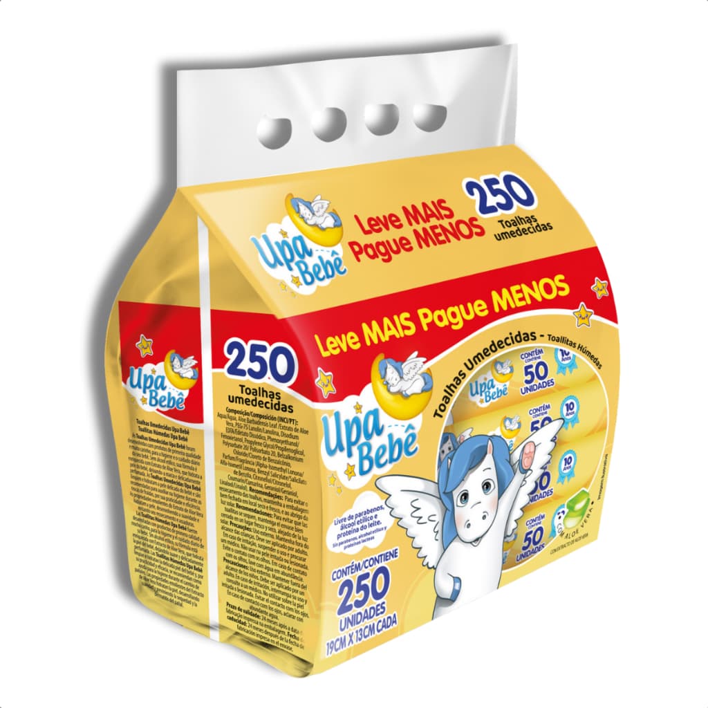 Kit 5x50 Unidades Total 250 Lenço Umedecido Bebê Toalha Umedecido Upa Uso Diário