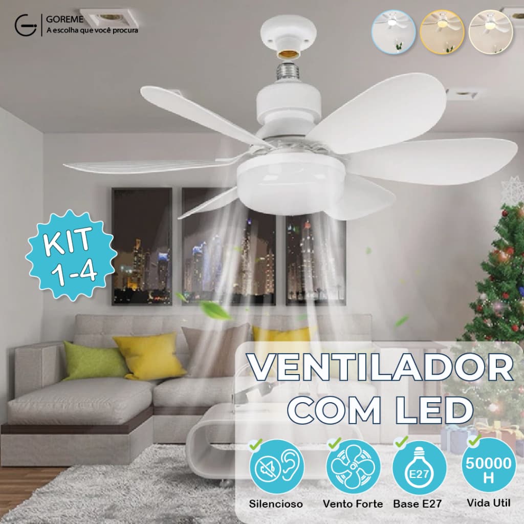 Ventilador de Teto LED 80W Lâmpada E27 Com Controle Remoto Bivolt Luminária Economica de Energia 6 lâminas 110V-220V