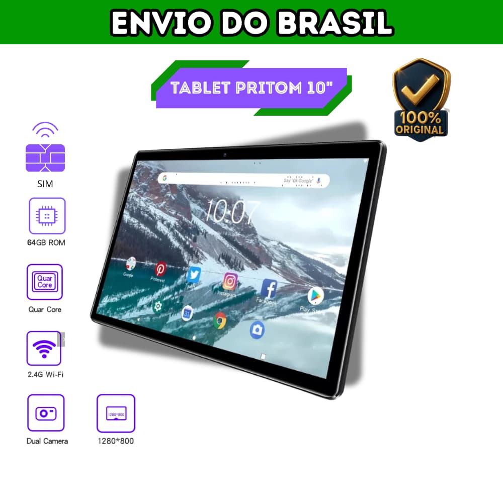 Tablet Pritom M10 10” | 64GB ROM | Android | Wi-Fi + Chip | Envio do Brasil