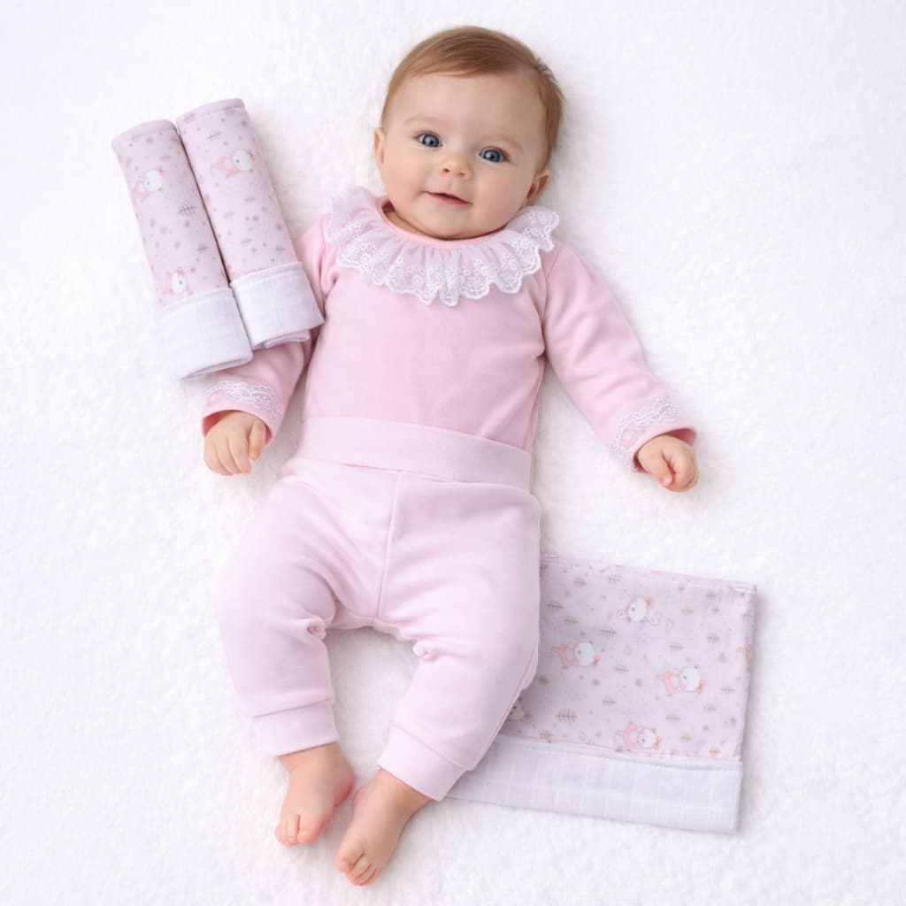 Kit Calça e Body Manga Longa Rosa e Trio de Fraldas Para Bebê Menina Cós Alto - Suedine 100% Algodão