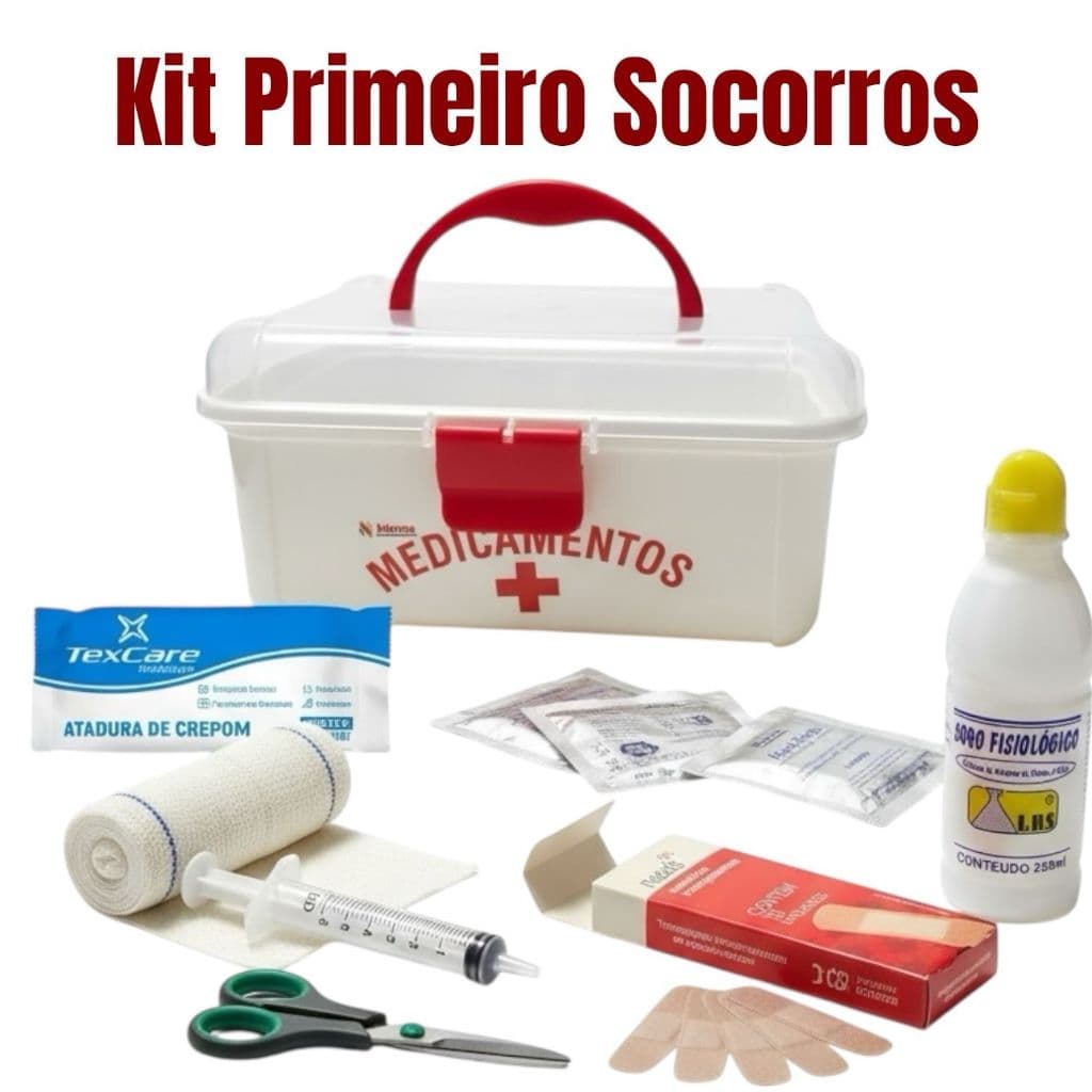 Kit Primeiros Socorros Completo com Caixa Organizadora – Curativos, Gaze, Tesoura, Soro Fisiológico e Luvas