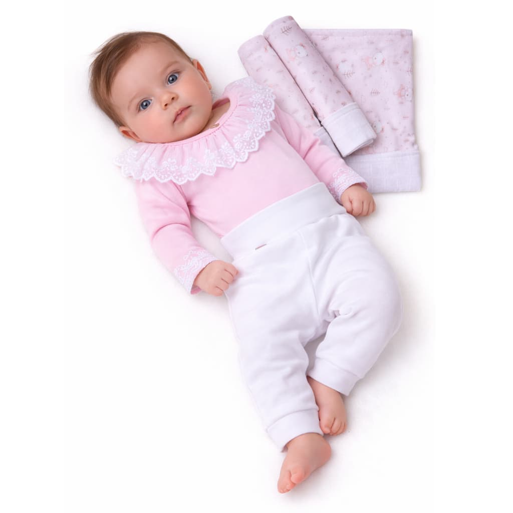 Kit Calça e Body Manga Longa Rosa e Branca + Trio de Fraldas Menina Cós Alto - Suedine 100% Algodão