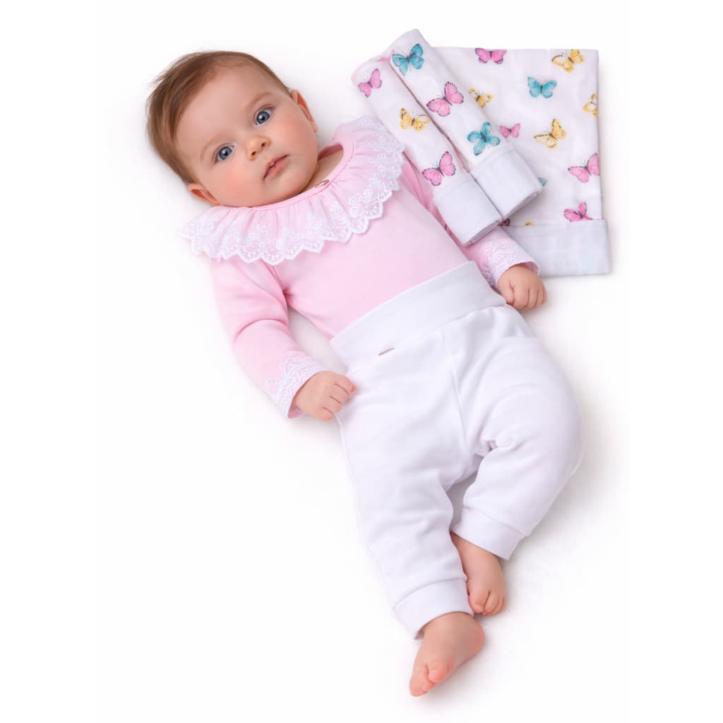 Kit Calça e Body Manga Longa Rosa Branca + Trio de Fraldas Borboletas Cós Alto Suedine 100% Algodão