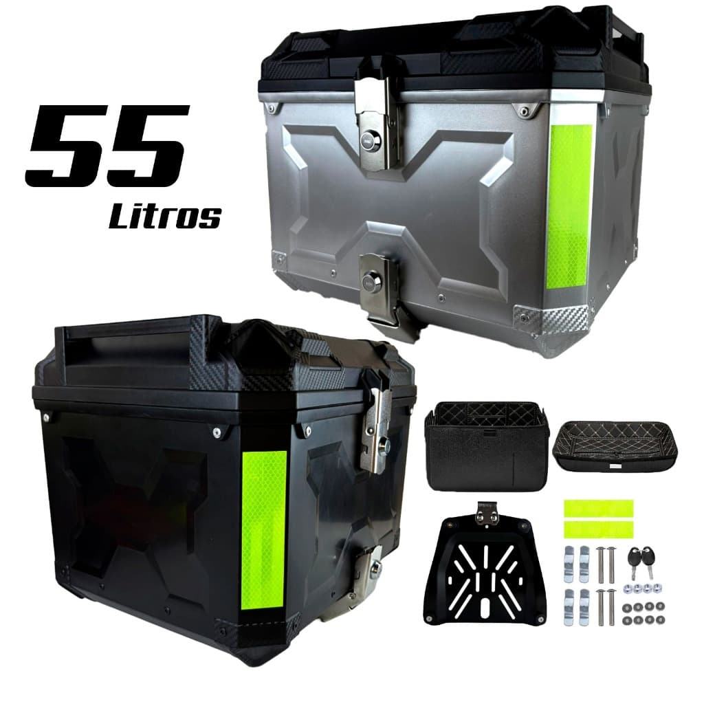 Baú Bauleto Moto 55 litros Universal Com Base de Ferro Kit Fixação forro e Trava Anti Roubo Completo