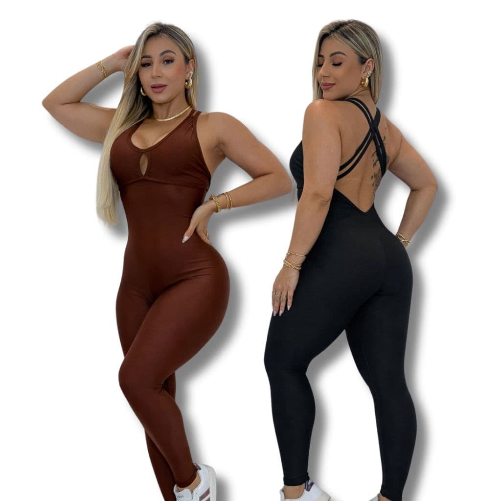 Macacão Feminino De Academia Leg Longo Fitness Alças Cruzado Nas Costas Liso