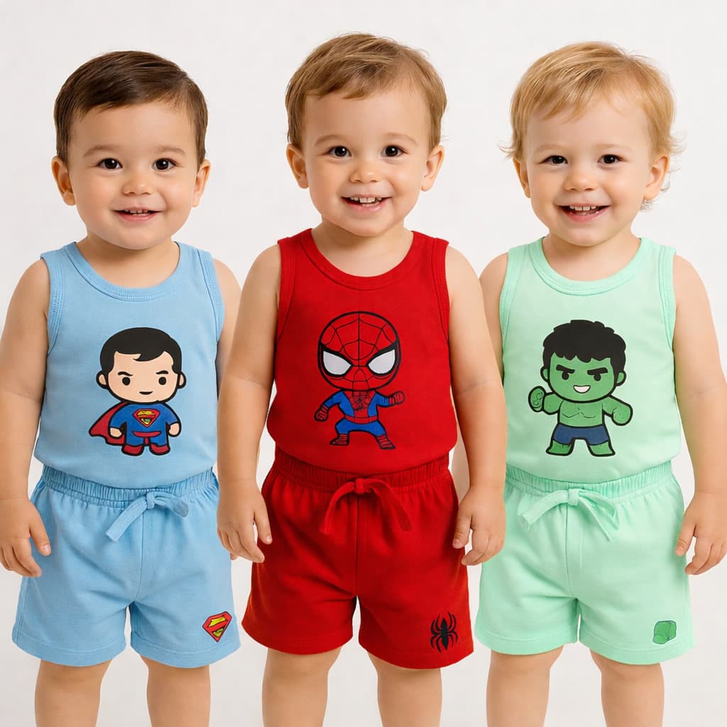 Conjunto Camiseta e Short Infantil Bebê 100% Algodão Menino Menina Personagens Super Heroi
