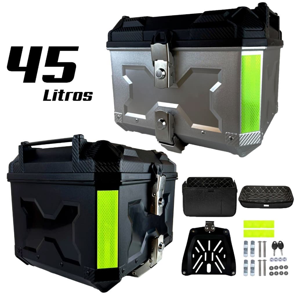 Baú Bauleto para Moto 45 litros Universal Com Forro e Base Kit Fixação Completo Trava Anti Furto