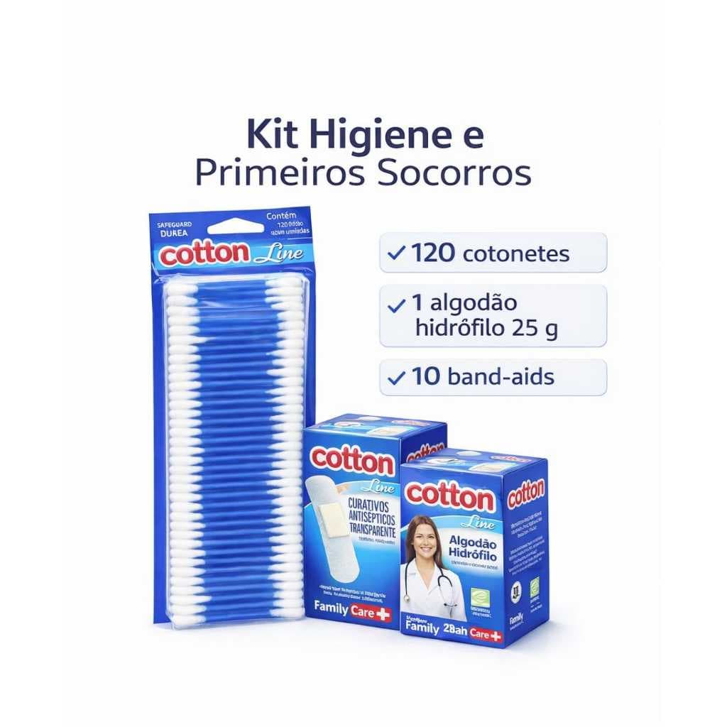 Kit 120 Cotonetes + 1 Cx Algodão Hidrofilo + 10 Band-Aid Curativos Farmácia Primeiros Socorros Higiene