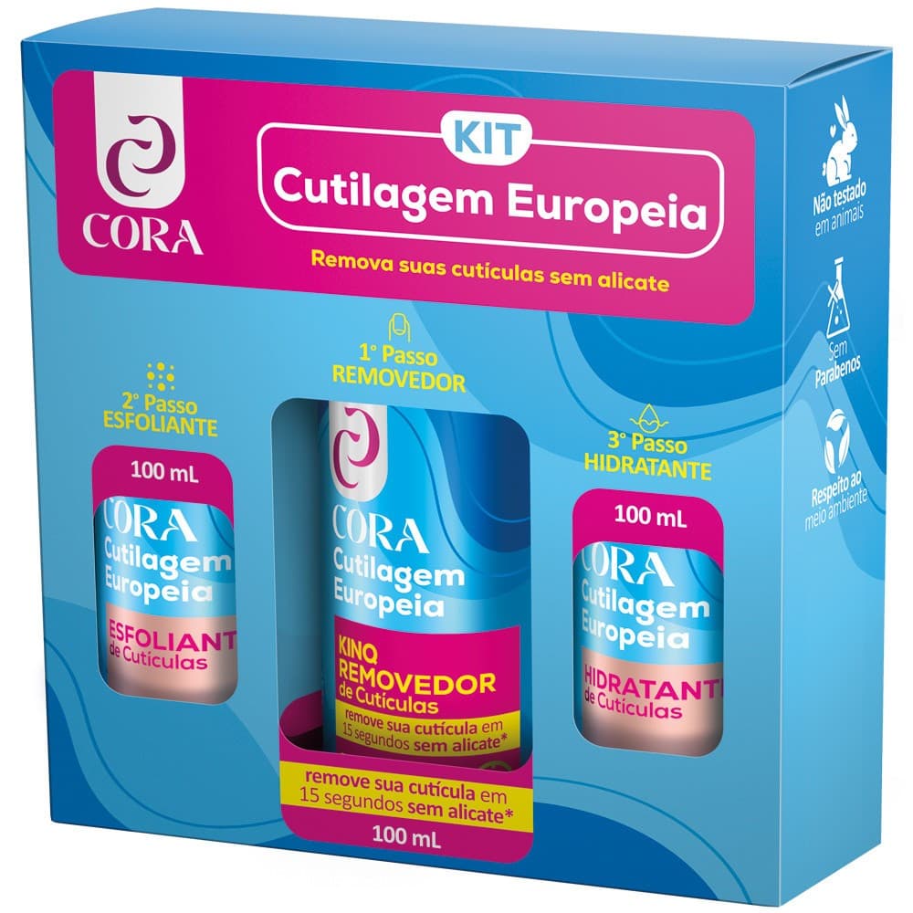 Kit Cutilagem Europeia Kinq Removedor 100ML + Esfoliante 100ML + Hidratante 100ML - Cora Promocional