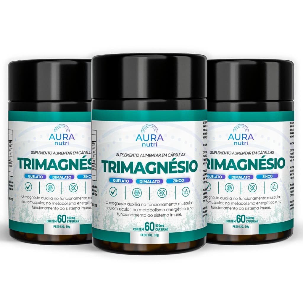 Kit 3x Tri Magnésio Trio Dimalato Treonato Quelato Zinco Vitamina B6 B12 - 180 Cápsulas Aura Nutri