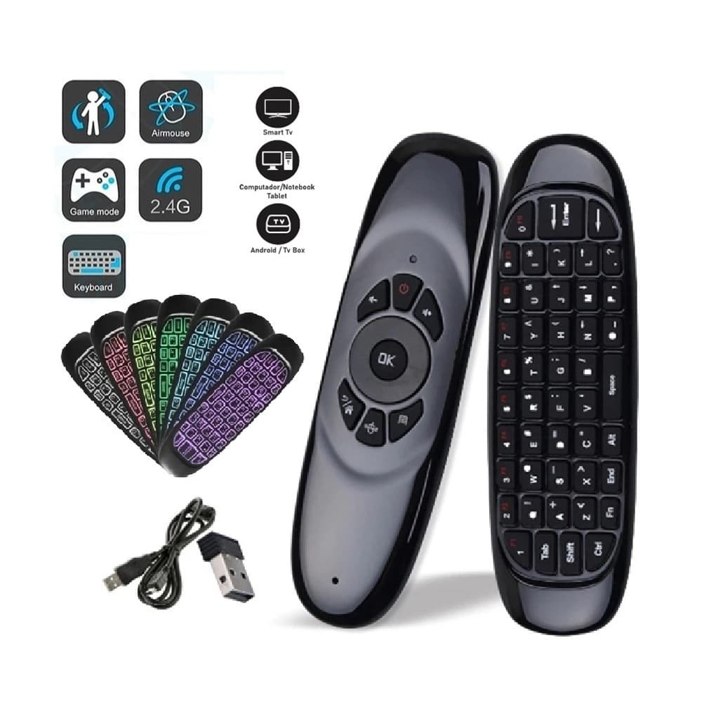 Air Mouse 2.4G com Teclado Sem Fio Mini – Controle Remoto Inteligente para Smart TV, TV Box, PC e Android (Plug & Play)