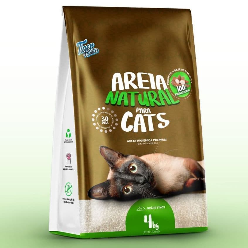 Areia Sanitária Higiênica Biodegradável Mandioca Para Gatos 4 Kg - Tiger Cats