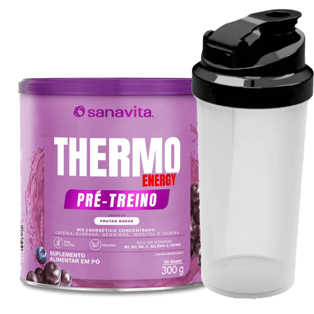 Kit Thermo Energy 300g Sanavita + Coqueteleira - Pré Treino sem beta alanina Energia Foco Concentração - Baixa cafeina