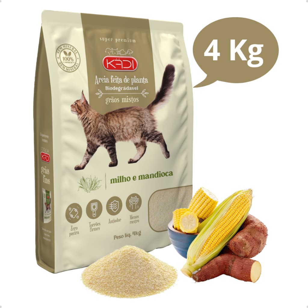 Areia Sanitária Higiênica Natural Biodegradável Milho e Mandioca Grãos Mistos para Gatos Kadi 4 kg