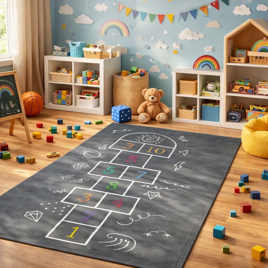 Tapete Decorativo Infantil Amarelinha Cinza 118x70cm Antiderrapante para Sala Quarto e Ambientes