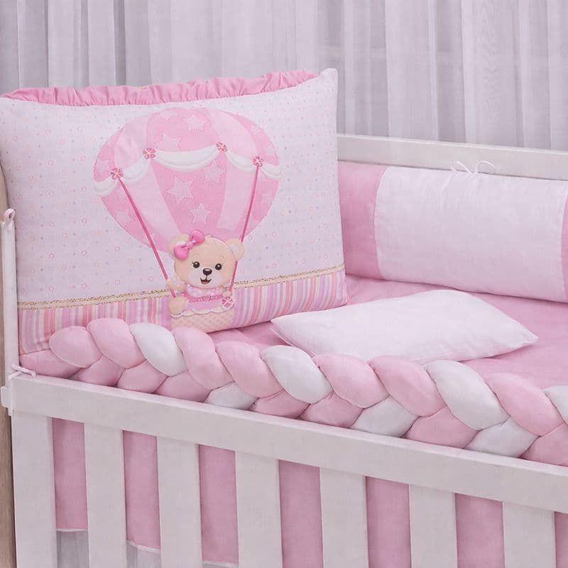 Kit Berço Sublimado Baloeiro Rosa Bebe Menina Trança Protetor Completo Enxoval Bebê 10 Peças