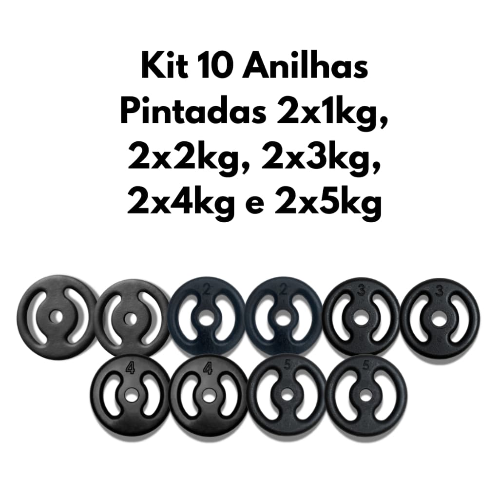 Kit 10 Anilhas Pintadas 2x1kg, 2x2kg, 2x3kg, 2x4kg e 2x5kg Musculação Treino Força Fitness Academia