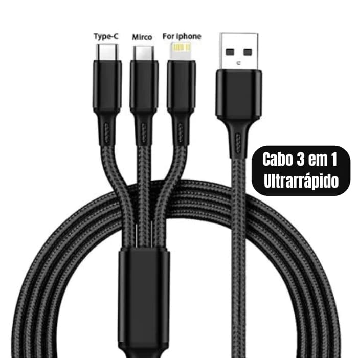3 em 1 Cabo de Carregamento rápido Universal - Tipo C - iPhone Lightning - Micro Usb V8